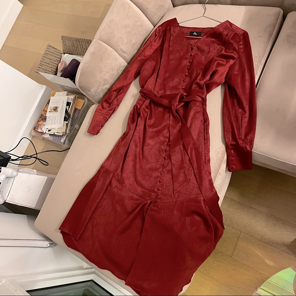 Korean high-end brand burgundy textured silk maxi shirt dress puff long sleeve